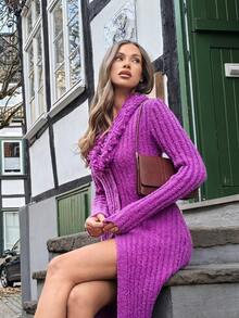 Modviera 女士休闲纯色修身长款开衫，秋冬季 - 紫色 - 查看 6