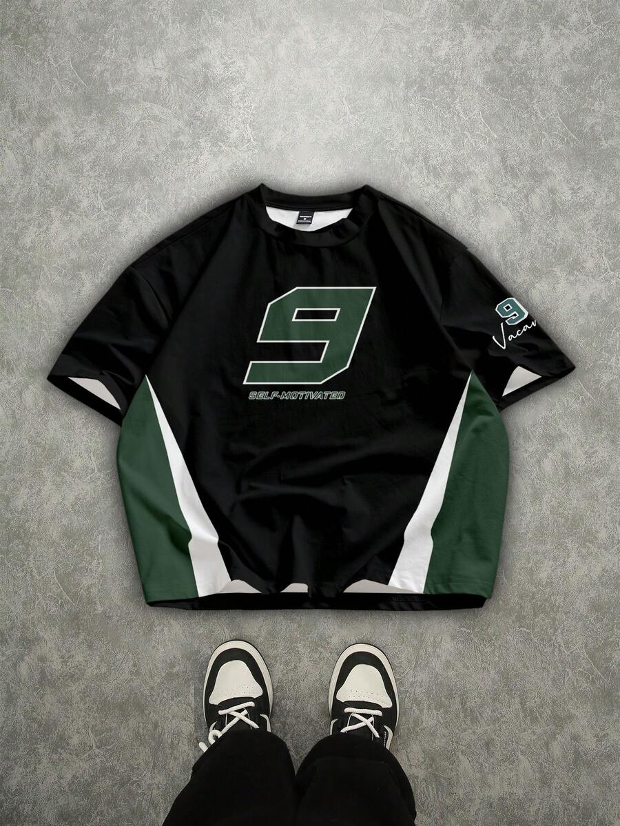 Manfinity ZONE917 Loose Cropped Boxy Street Pioneer Sports #9 Black White Green Allover Print Cropped Short Sleeve T-Shirt (High Quality) Street Wear Shirt Motorsport Shirt Vintage Motorsport Tshirts Men