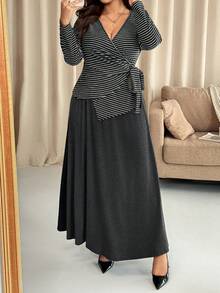 Vionelle Plus Size Floral & Striped Top With Solid Color Knit Skirt 2 Piece Set, Casual Soft Fabric, Minimalist Design, Elegant Classic Dress Modest Wrap Dress Women Knit Maxi Dress Long Casual Dress Long Sleeve Elegant Dress Maternity Dress Casual New Arrivals Women Dress Dresses For Women Long Sleeve - Multicolor - View 8