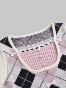 ROMWE Kawaii Y2K Preppy Diamond & Bow Patchwork Fitted Sweater - Apricot - View 4