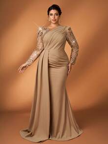 Serin Robe longue élégante et luxueuse de grande taille en satin avec patchwork de sequins champagne brodés, manches longues, froncée, ajustée avec ourlet queue de poisson. Convient pour soirée, rendez-vous, bal, vacances, mariage, mère de la mariée, invité - Champagne - Voir 9