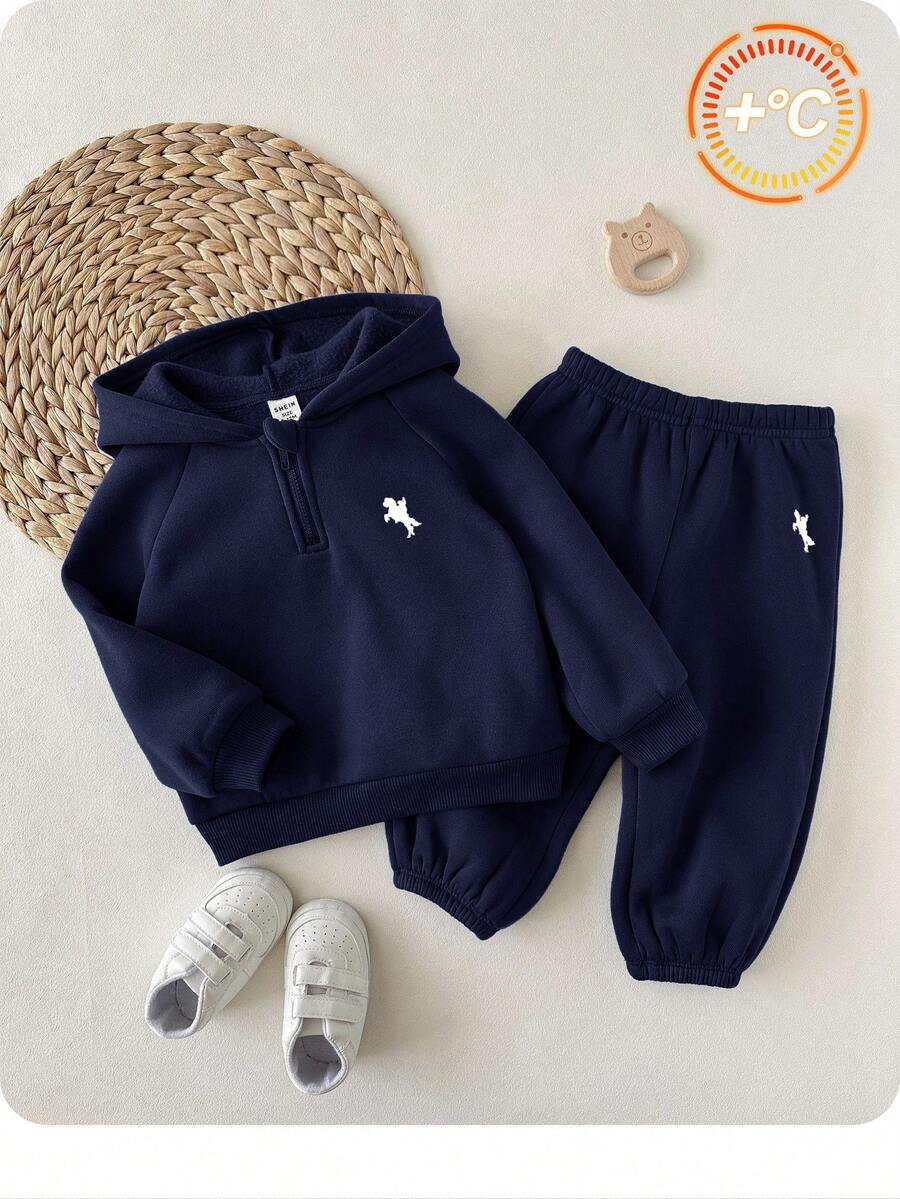 Baby Boy Casual Cute Versatile Blue Knit Hoodie Sweatshirt And Elastic Waist Pants Set - Navy Blue - View 1