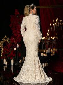 Glamrae 大码女士珍珠装饰高开衩鱼尾修身正式礼服，适合晚宴、约会、舞会、婚礼、度假等场合。