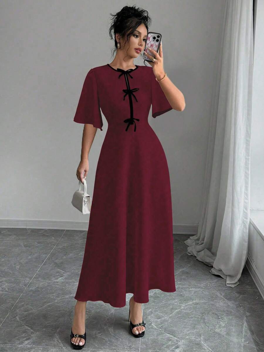 Rafferiza Đầm Maxi Tay Ngắn Màu Trơn Cổ Tròn Thắt Nơ Khối Màu Thanh Lịch, Đầm Dài Xuân/Thu Cho Nữ - Màu Đỏ Sâu - Xem 1
