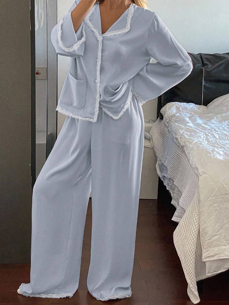 Satin Lace Ruffle Trim Women Pajama Set, Spring, Fall Winter Clothes
