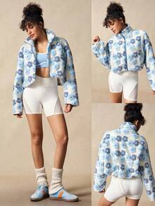 VARSIVA Jaket Bulu Domba Pendek Longgar Berkerah Tegak dengan Motif Bunga Blok Warna Biru Tiga Dimensi 3D - MultiWarna - View 2
