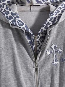 ROMWE Goth Cross & Leopard Print 2 In 1 Sweatshirt - Grey - View 2