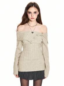 ROMWE Y2K风格露肩罗纹针织毛衣，腰部收紧 - 杏色 - 查看 2