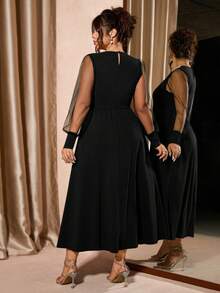 Cravure 新款大码女士优雅珍珠串珠网纱A字连衣裙，珍珠领，网纱袖，黑色时尚，都市优雅女士风格，适合派对、宴会、办公室聚会，法式优雅，高贵公主风连衣裙 - 黑色 - 查看 2