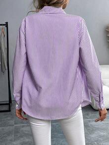 Pariaura Embroidered Striped Turndown Collar Long Sleeve Button-Up Casual Shirt - Purple - View 2