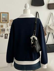 Sparklyn Teen Girls' Casual Color Block Patchwork Sweatshirt, Autumn/Winter - Navy Blue - View 2