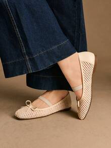 Rosivie 杏仁圆头编织网眼蝴蝶结平底鞋，时尚简约舒适透气搭扣带女式平底鞋，波西米亚西部音乐节派对装扮 - 杏色 - 查看 7