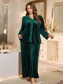 MuseNap CURVE 2pcs Plus Size Elegant Solid Color Velvet Striped Open Front Winter Pajama Set - Green - View 7