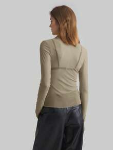 Ontre 斯德哥尔摩风格，女教师款，秋季，高领针织衫，优雅秋冬衬衫，网纱长袖衬衫，商务休闲女式基础款上衣 - 卡其色 - 查看 2