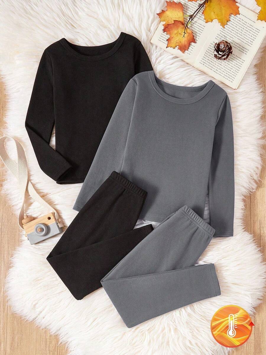 Boys Big Kids Thermal Underwear 4-Piece Set - Black Gray Basic Base Layer Set Classic Solid Color Simple Design Black Gray Versatile Basic Color Thermal Modal Fabric Long Sleeve Top Pants 2 Sets Combo Social Media Style Simple Basic Autumn Winter Spring Holiday Essential Boys Big Kids Base Layer Underwear Set