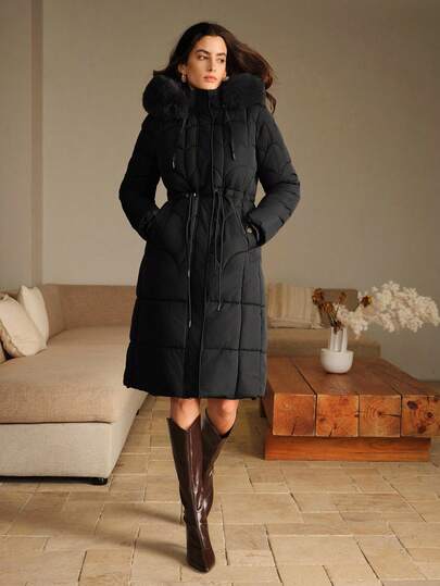 Anewsta 女士优雅咖啡色中长款方形绗缝连帽毛领束腰拉链羽绒服