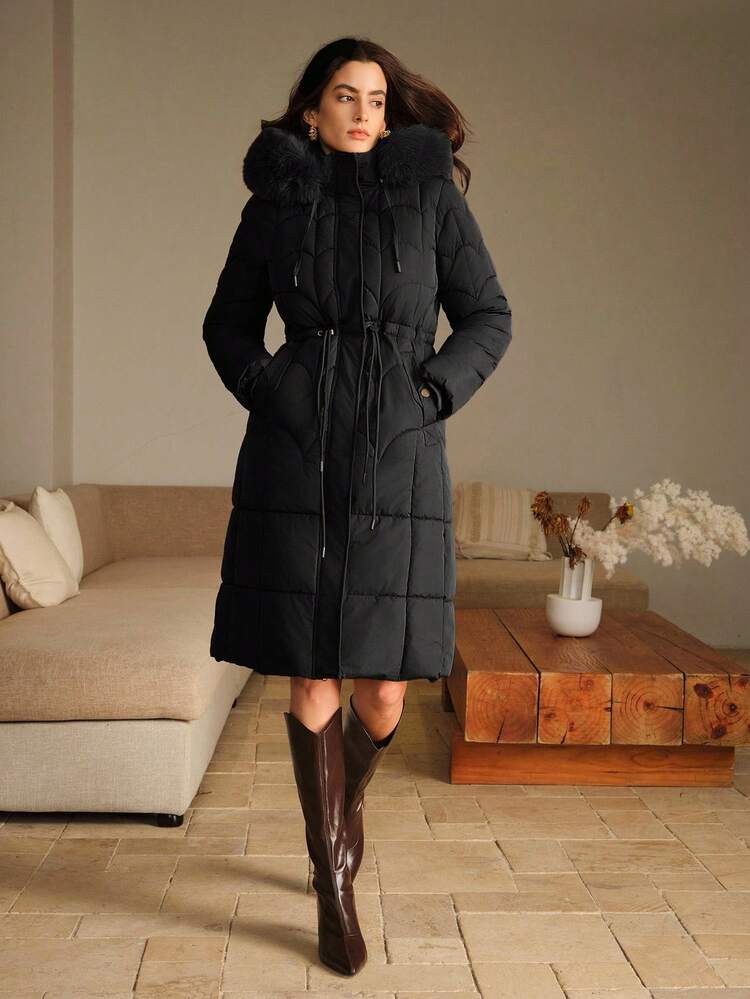 Women's Elegant Coffee-Colored Mid-Length Square Quilted Hooded Fur Collar Cinched Waist Zip-Up Padded Coat