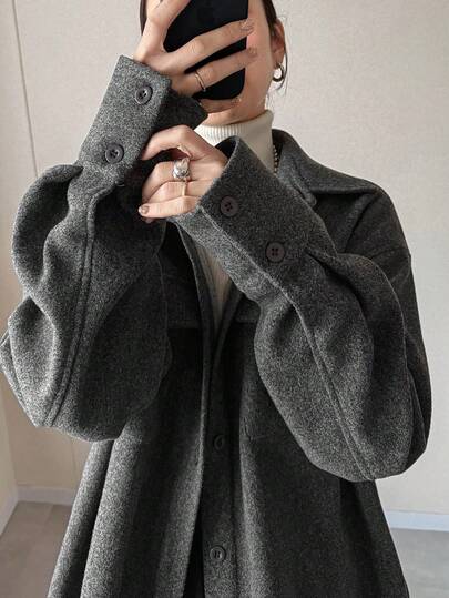 FRIFUL 女士纯色衬衫领落肩长袖口袋装饰宽松休闲百搭针织混纺外套，秋冬女式外套