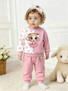 2pcs/Set Infant Toddler 0-3Y Unisex Baby Boy Girl Cute Cartoon Print Long Sleeve Crew Neck Sweatshirt And Elastic Waist Pants Set, Baby Girl Sports Sweatsuit, Toddler Print Crew Neck Outfit, Baby Girl Autumn/Winter Clothing - Pink - View 3