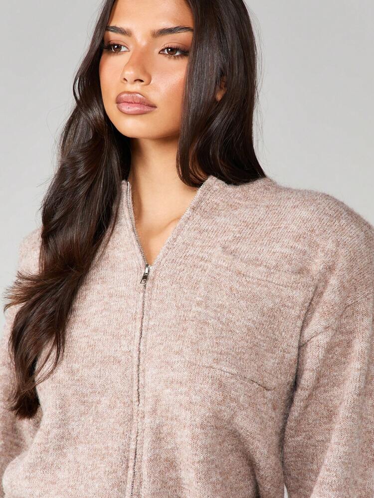 MISSGUIDED Women Heathered Knit Zip Up Cardigan With Shoulder Pads Fall Winter Cozy Layering Casual Everyday Comfort
