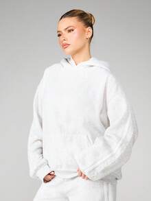 MISSGUIDED Áo nỉ chui đầu tay dài có mũ trùm đầu lông cừu chải ngược cỡ lớn có chi tiết viền ren thời trang mặc nhà thu đông - Màu Xám nhạt - Xem 1