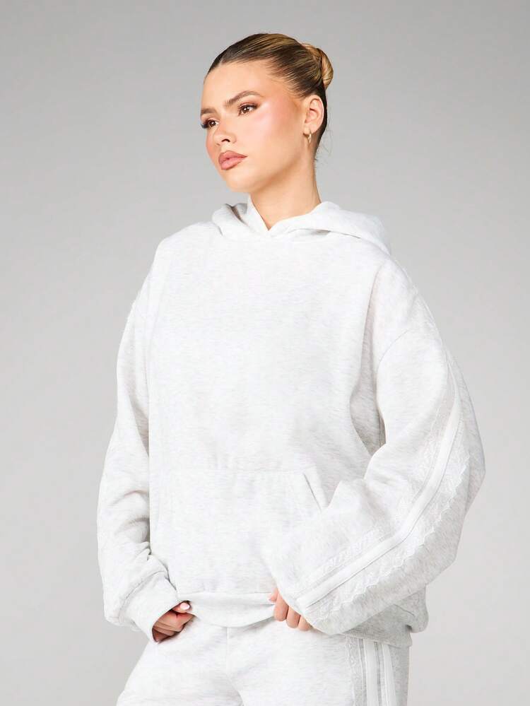 MISSGUIDED Oversized Brushback Fleece Hoodie With Lace Trim Detail Long Sleeve Pullover Sweatshirt Fall Winter Loungewear