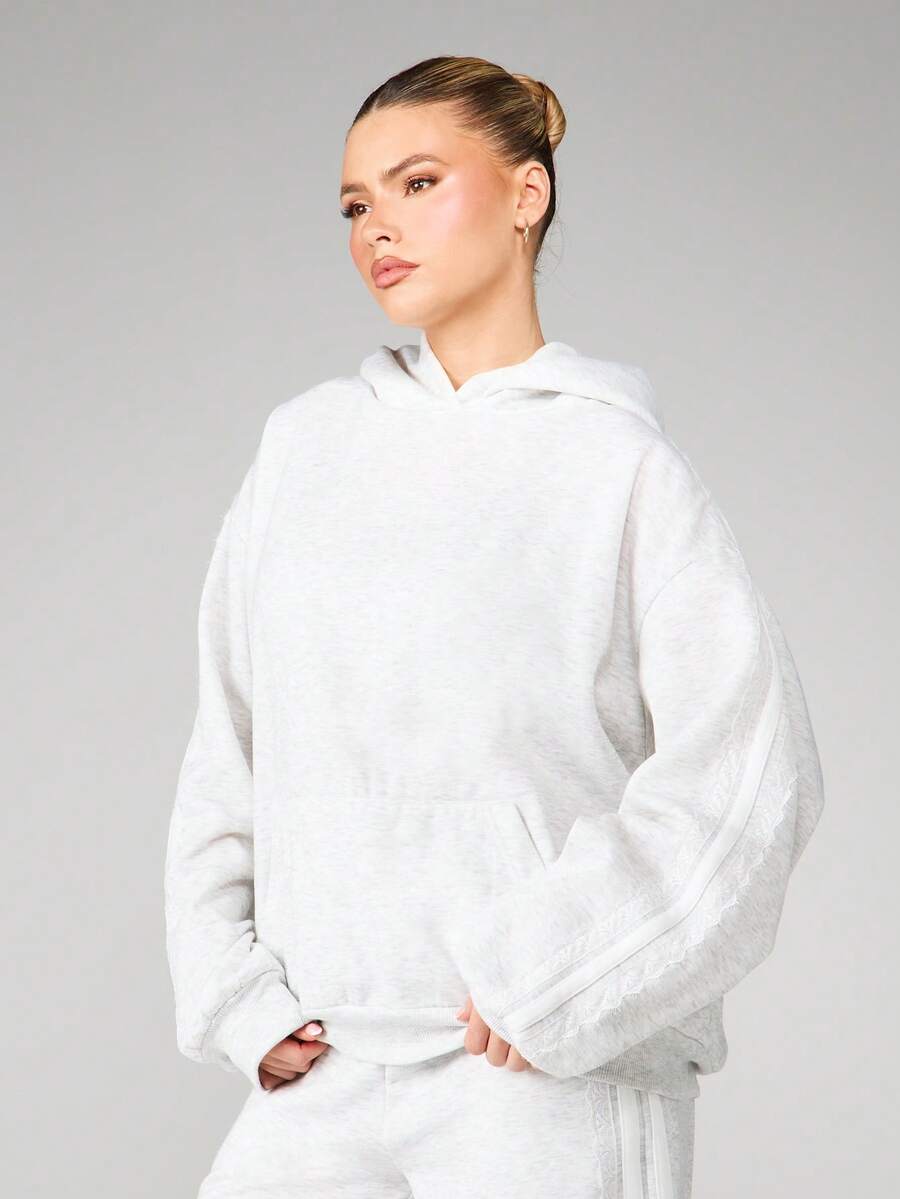 MISSGUIDED Áo nỉ chui đầu tay dài có mũ trùm đầu lông cừu chải ngược cỡ lớn có chi tiết viền ren thời trang mặc nhà thu đông - Màu Xám nhạt - Xem 1