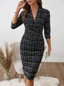 SHEIN Clasi N's Black And White Plaid Deep V-Neck 3/4 Sleeve Ruched Fitted Midi Dress,Elegant Office Autumn Wedding Guest Business Casual Dress - Black - View 7