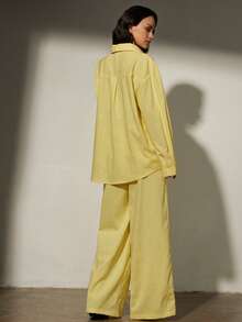 Aveloria Modichic Ensemble 2 pièces pour femme : chemise à manches longues ample et style minimaliste, coupe décontractée, col à revers, style à la mode. - Jaune citron - Voir 3
