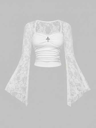 Gothic Cross Lace Patchwork Square Neck Flare Sleeve Women Top, Halloween