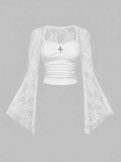 Goth Blusa da donna con scollo quadrato, maniche a sbuffo, patchwork in pizzo e croce gotica, adatta per Ognissanti