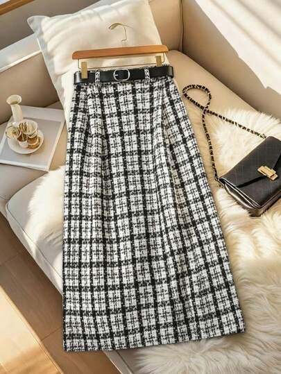 GlowEve Elegant Plaid Skirt For Commuting, Autumn/Winter