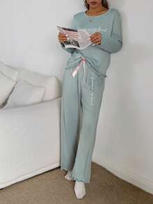 Dream Adore Bộ đồ ngủ nữ in chữ họa tiết bèo nhún màu tương phản - màu xanh lá - Xem 6