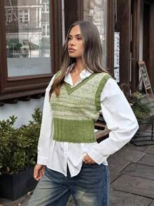 SHEIN Unity Chaleco de punto versátil y combinable con parches de colores contrastantes para mujer - Verde - Ver 5
