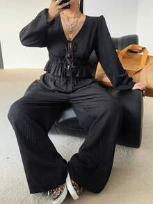 POPSWAY Plus Size Casual V-Neck Tie-Front Short Sleeve Crop Top + Versatile Casual Pants 2 Pieces Set