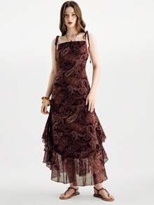 Aveloria Modichic Bohemian Style Spaghetti Strap Sleeveless Layered Hem Dress With Random Cashew Flower Print - Multicolor - View 5