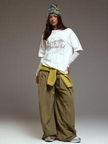 MUSERA Oversized Double Layered Graphic Printed  Tee With Mesh Long Sleeve Winter  Coolgirl Cosy Cute Outdoors Explorer Y2k Spring Summer - White - View 5