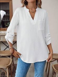 EMERY ROSE Women's V-Neck Plain Textured Fabric Casual Summer Shirt White V Neck Blouse Women  Blouses For Women Linen Blouses For Women Women White Blouse  Tops For Women FALL Women Clothes Business Casual Woman  Button Up Shirt Women Button Up Shirt - White - View 6