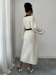 Selianne 女士复古法式撞色领口收腰灯笼袖优雅POLO领针织中长款毛衣连衣裙 - 軍綠色 - 查看 2