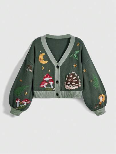 Fairycore Mushroom, Moon, Pine Cone, Leaf Plant Embroidered Cardigan Sweater, Autumn/Winter Vintage Mori Kei Plus Size Cardigan Sweater, Mushroom House Vintage Green Romantic Girl Sweater