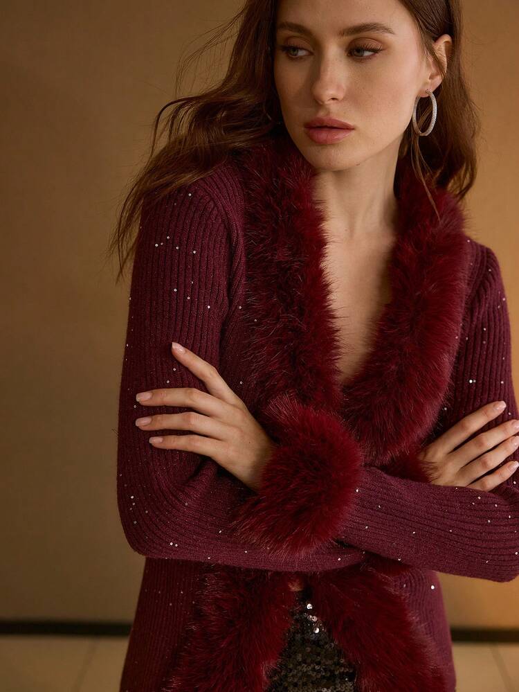 ELEGANT FITTED SEQUIN FUR COLLAR CARDIGAN, AUTUMN/WINTER