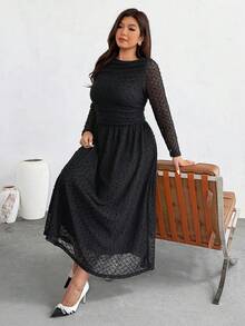 Firerie Vestido midi elegante formal de noche para mujer talla grande, negro con lunares, de otoño, manga larga, ajustado y elástico, para fiesta, invitada de boda y graduación - Negro - Ver 1
