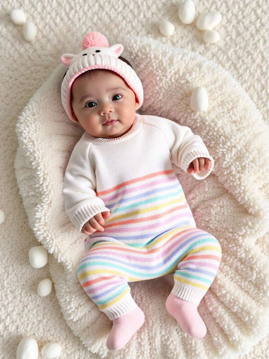 新生儿针织连体衣，长袖连脚连体衣，彩色渐变彩虹设计，适合春、秋、冬，适合新生儿