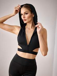 Menodora SHEIN Sport Cut Out Waist Hooded Crop Sports Bras - Black - View 7