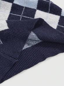 ROMWE Kawaii Women's Y2K Preppy Style Argyle Cute Bow Patchwork Fitted Sweater