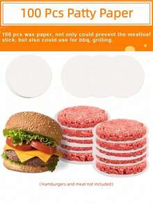 1Set Stainless Steel Hamburger & Patty Maker Mold With Wooden Handle, Non-Stick - Includes 100pcs Patty Papers.