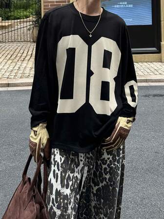 Manfinity Men's Casual Numeric Pattern Round Neck Long Sleeve T-Shirt, Autumn