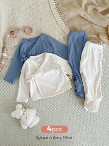 Cozy Pixies 4件套新生儿男/女宝宝纯色针织柔软圆领长袖上衣和松紧腰长裤套装 - 霧霾藍 - 查看 3