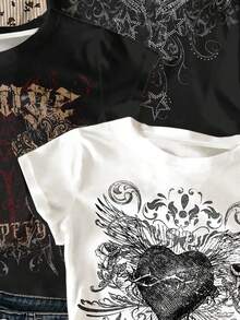 3件装少女修身休闲舒适圆领长袖T恤，复古朋克哥特风爱心翅膀十字印花，白色、黑色，适合夏季及所有季节 - 彩色 - 查看 7
