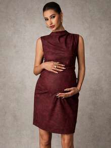 MaterniChic Maternity Clothes Maternity  Dress Summer Pregnant Clothes Red Dress Pu Leather Dress Elegant Party - Burgundy - View 3